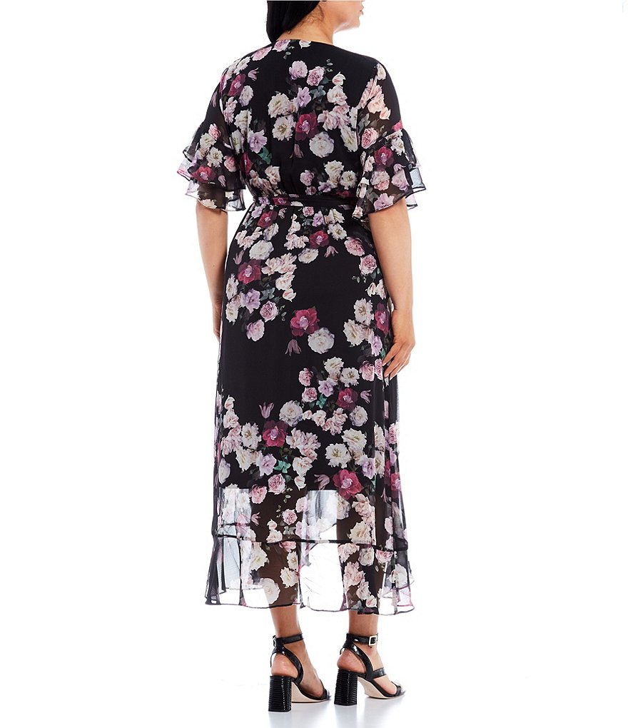 City Chic Plus Size Amore Flora Print Ruffle Sleeve Faux-Wrap Maxi Dress