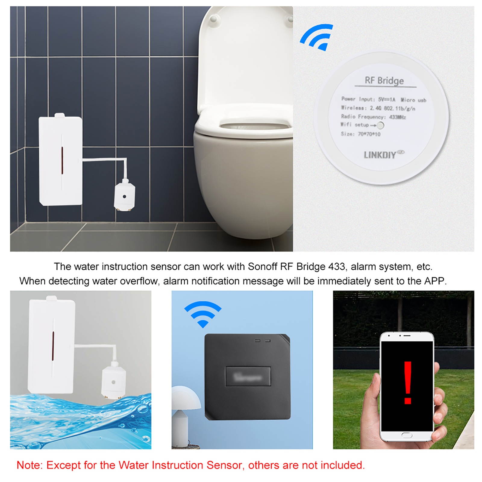 eWeLink 433MHz Wireless Water Leakage Sensor Water Leaks Intrusion Detector Alert Water Level Overflow Alarm for Home House Security Alarm System