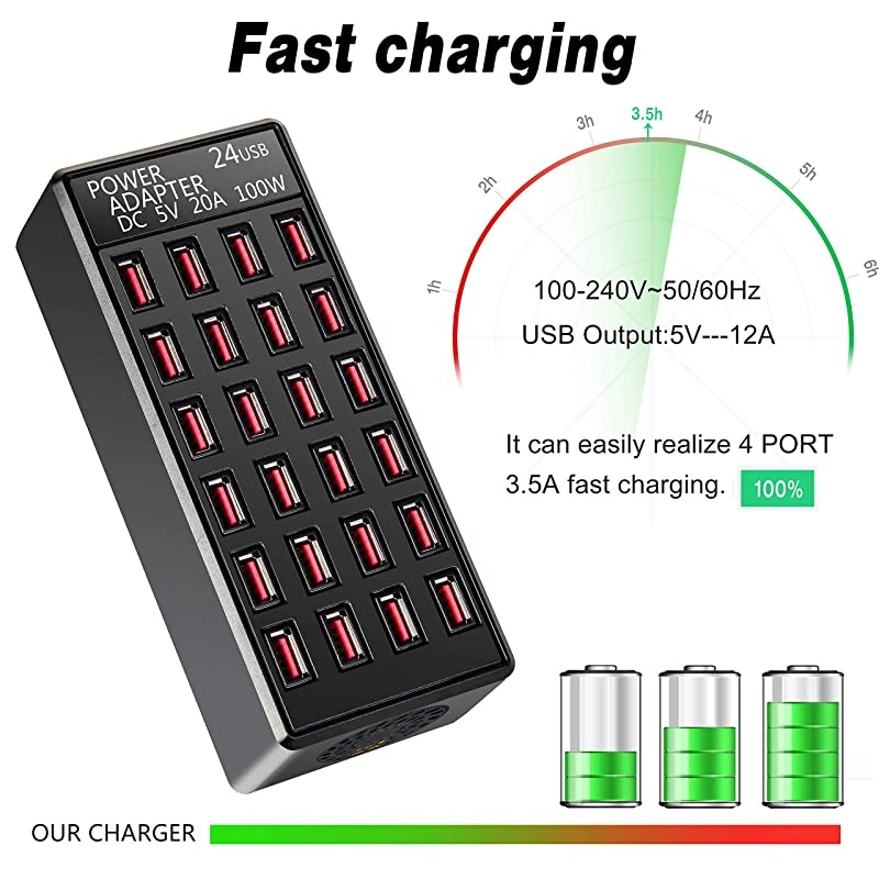 24(20A) Port USB Fast Charging Station,Travel Desktop USB Rapid Charger,Multi Ports Charging Station Organizer Compatible with Smartphones,Tables, and More Devices,fit School,mall,Hotel,Shop
