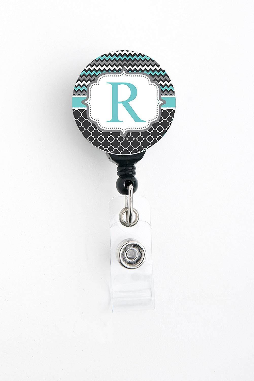 R Initial Chevron Trellis - Retractable Badge Reel With Swivel Clip and Extra-Long 34 inch cord - Badge Holder
