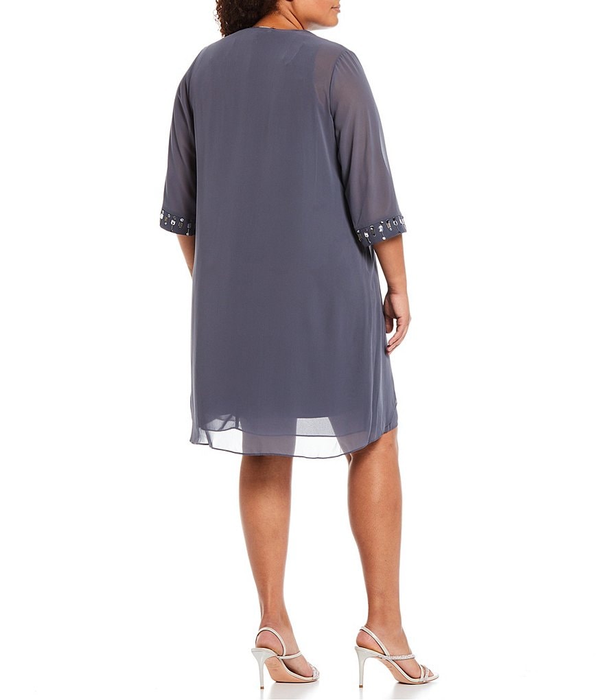 Ignite Evenings Plus Size Jewel Neck 3/4 Sleeve Embellished Chiffon 2-Piece Jacket Dress