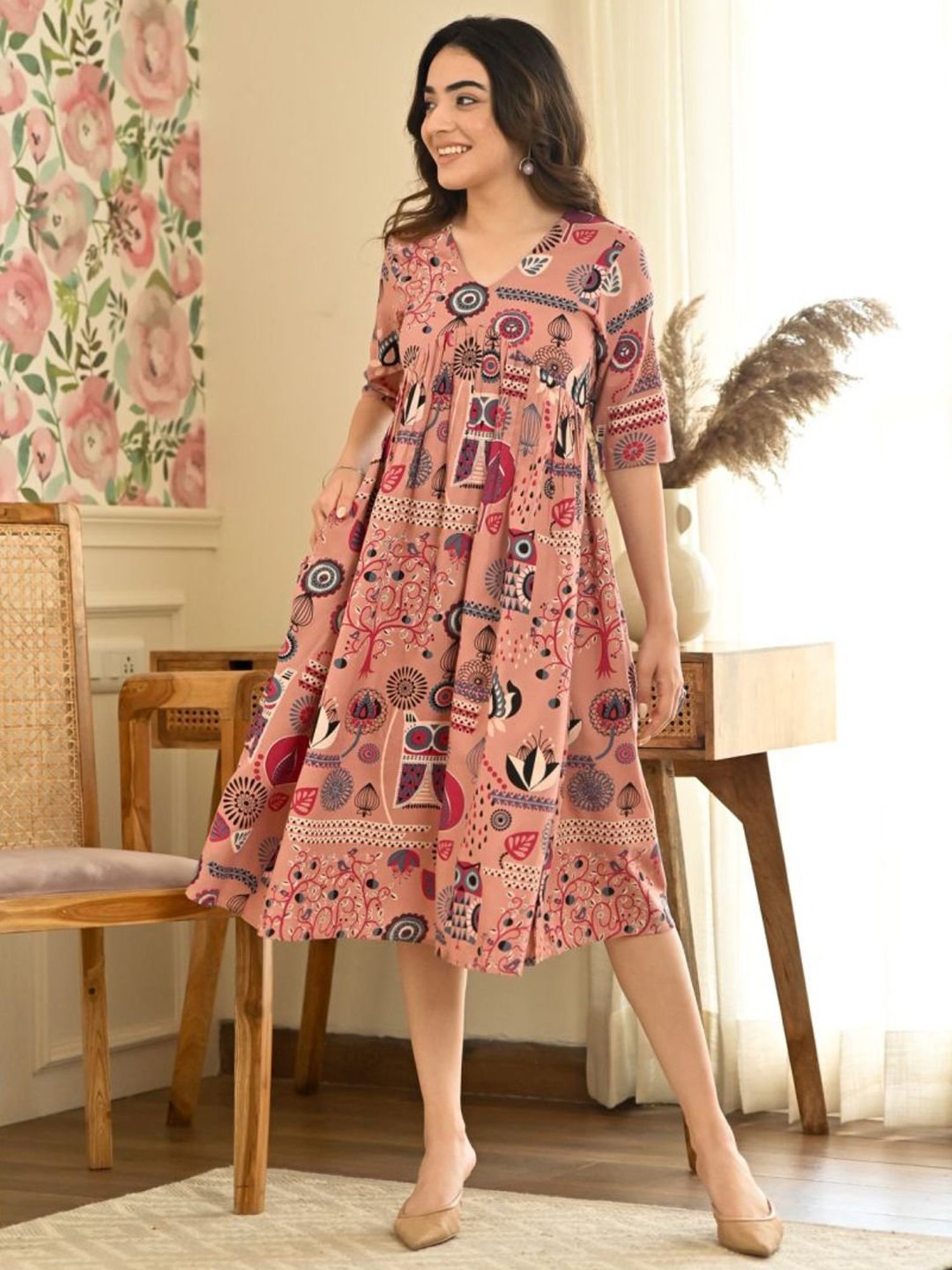 Rustorange Pink Printed A-Line Dress