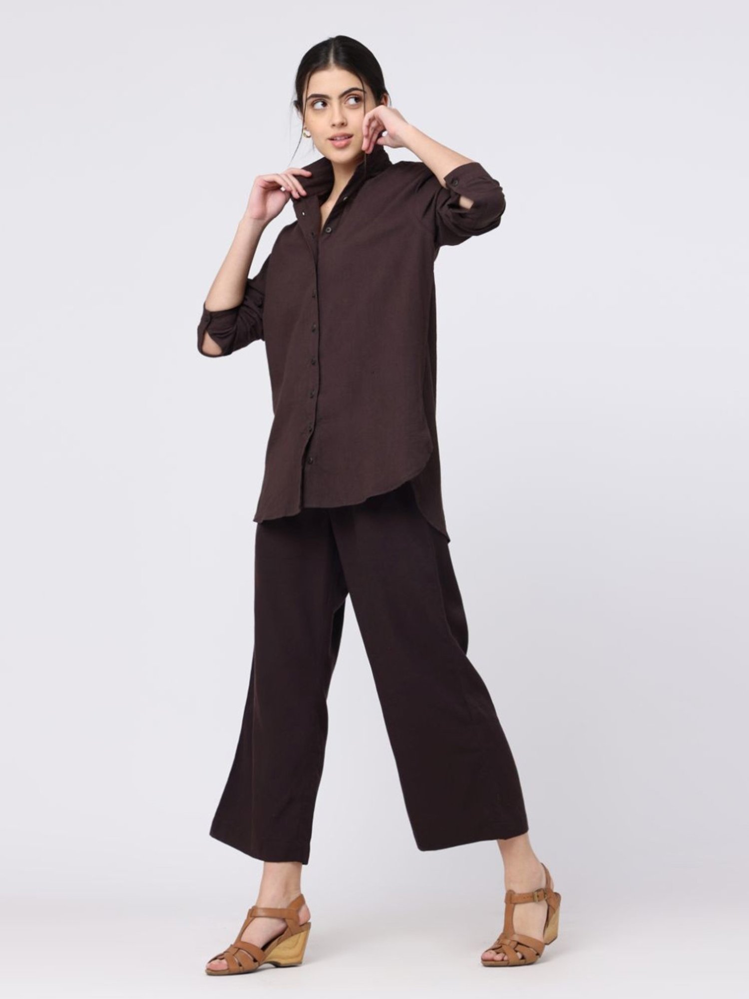 Saltpetre Elegant LInen Coffee Brown Shirt with Wide leg Trousers Co-ord Set