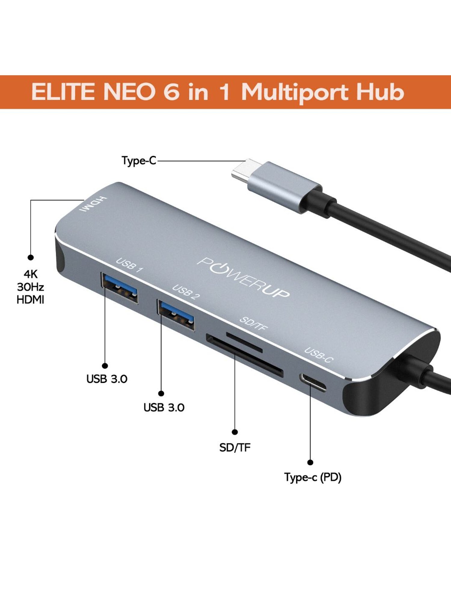Powerup Elite NEO 6 in 1 Multi-Port Hub Adapter for MacBook Pro (Gunmetal)