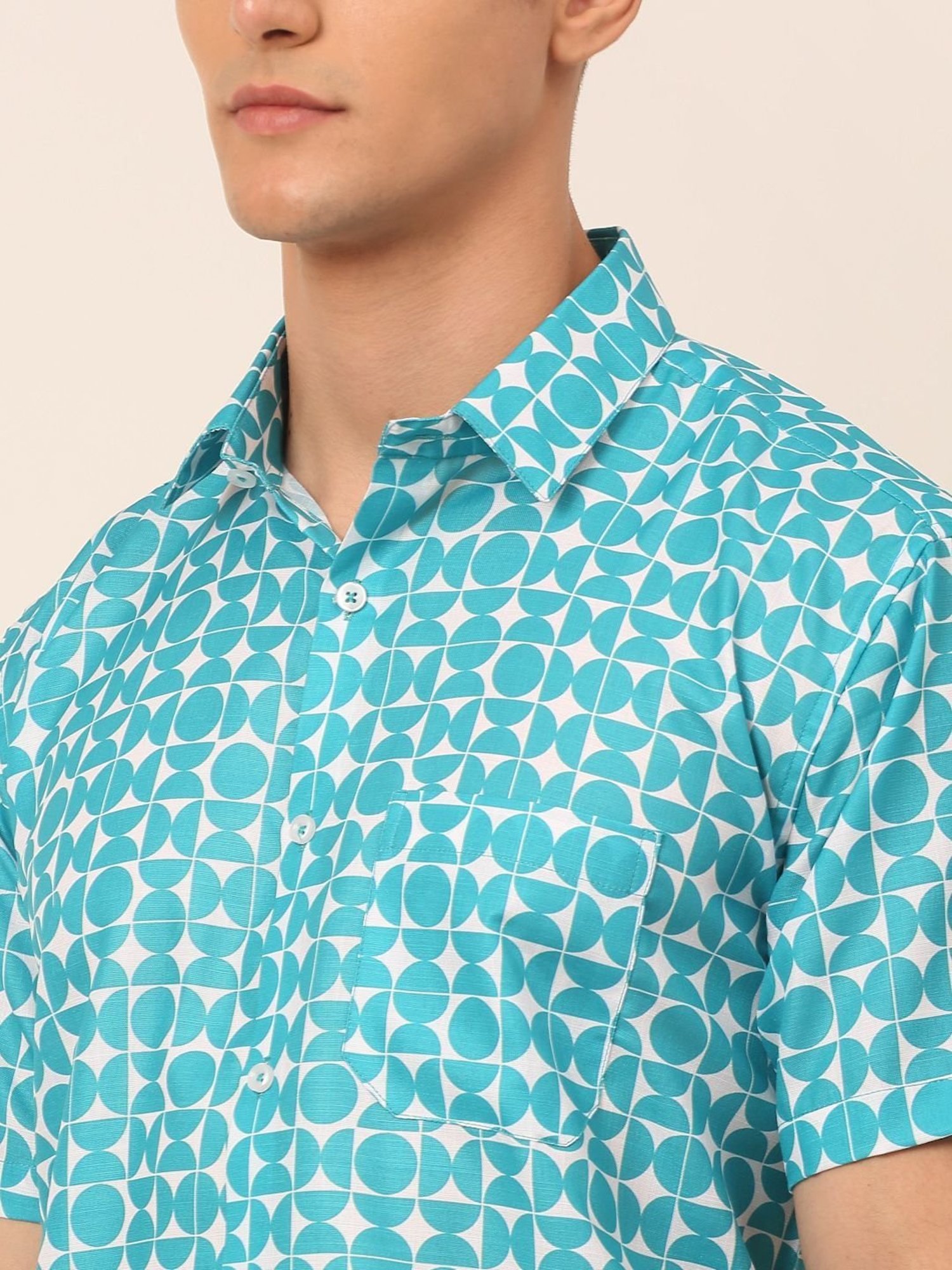 Jainish Aqua Cotton Regular Fit Printed Shirt