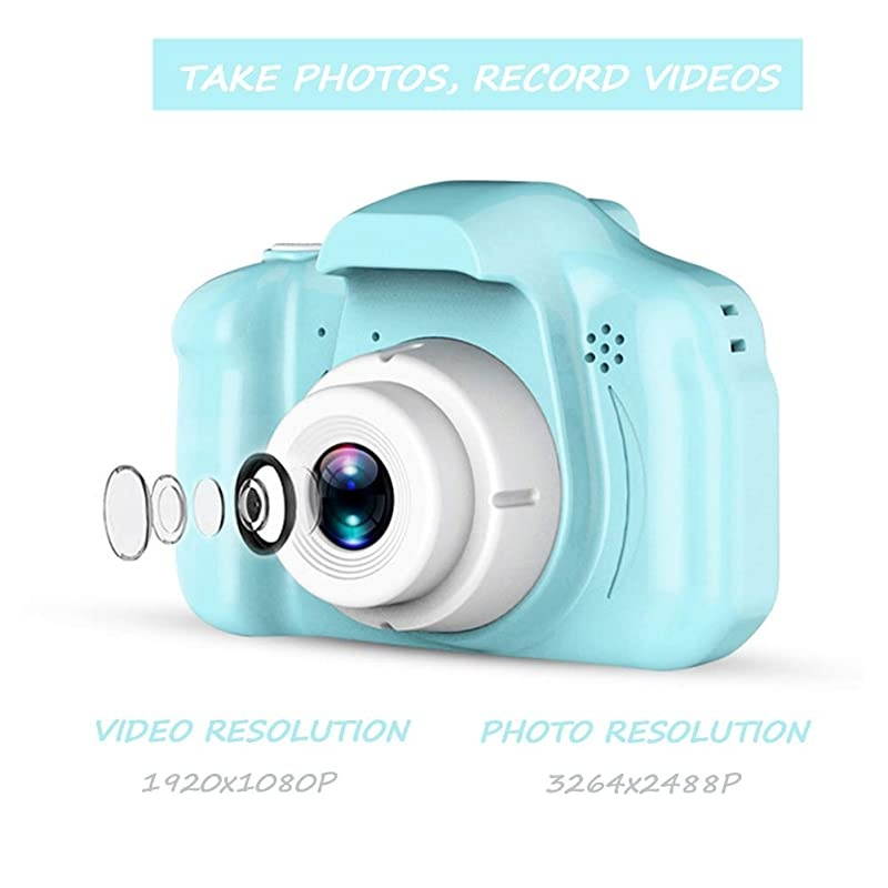Digital Camera Mini Child Cartoon Shockproof Silicone Rechargeable Video Record Camcorder for Boys Birthday, New Year, Christmas Xmas, Anniversary Present, Light Blue (8GB TF Card Included)