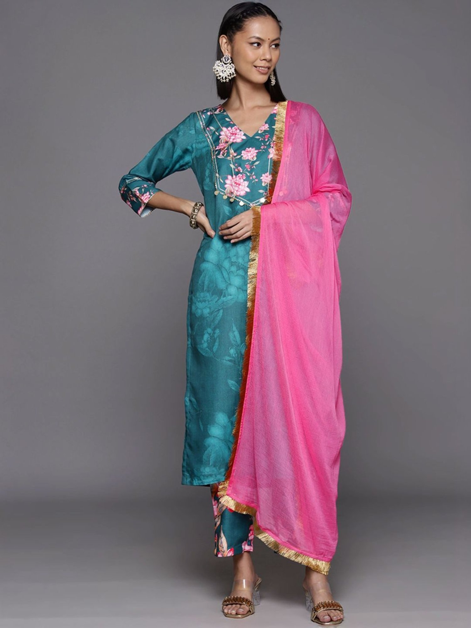 Varanga Teal Blue Floral Print Kurta Pant Set With Dupatta