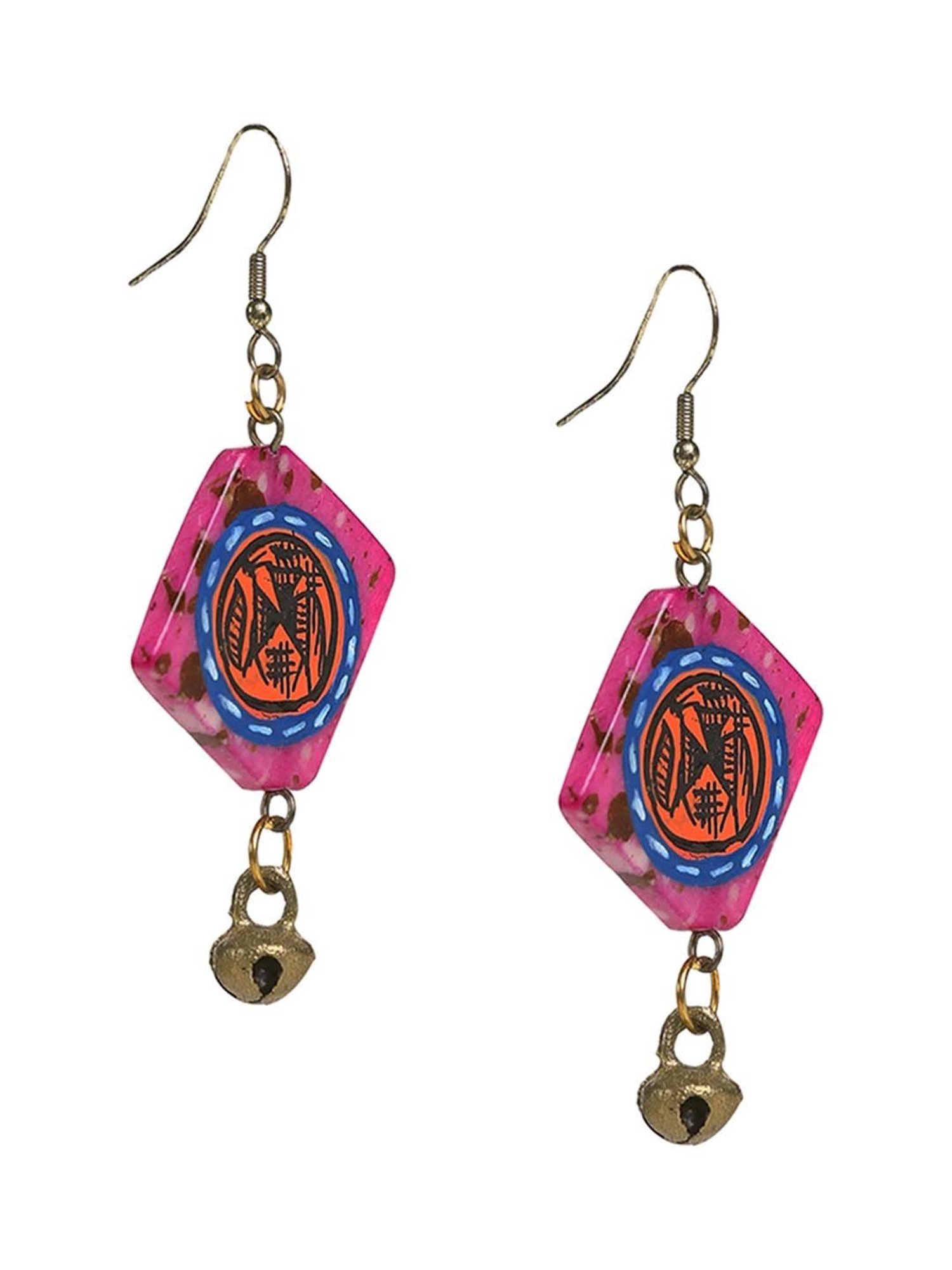 ExclusiveLane 'Tribal Warli Squares' Punch Pink & Orange Resin Brass Earrings in Warli Art