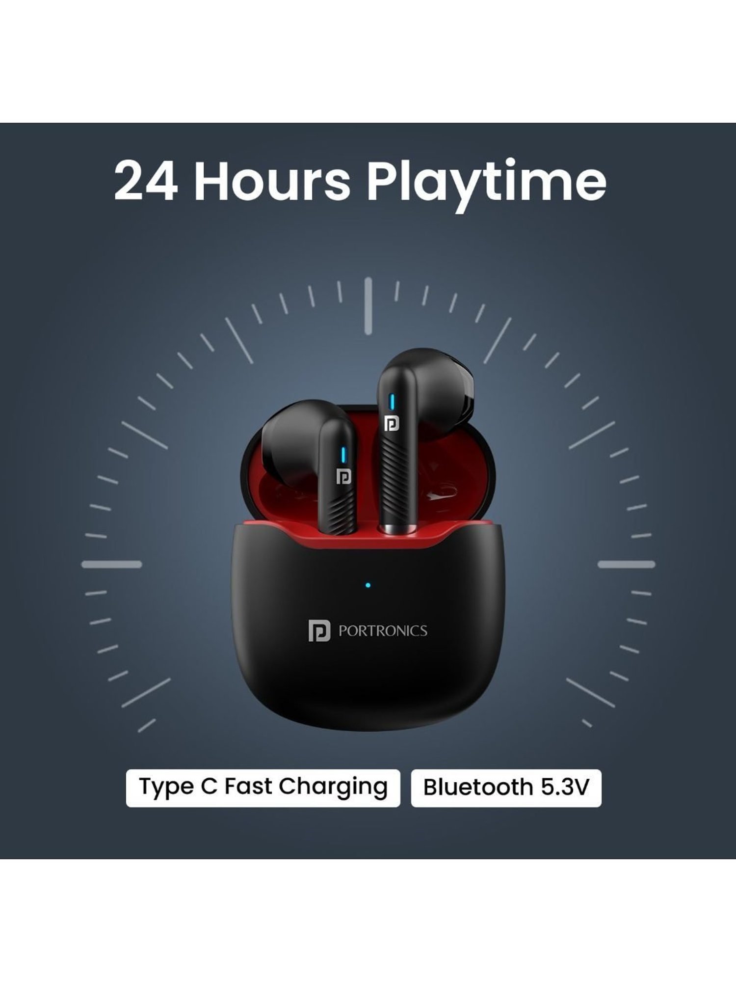 Portronics Harmonics Twins S12 in Ear Earbuds with Mic 24H Playtime (Red & Black, True Wireless)