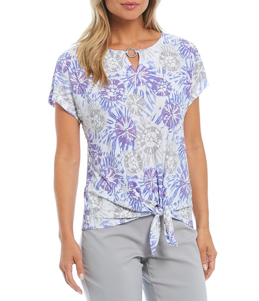 Allison Daley Tie Dye Crinkle Knit Ring Keyhole Neck Cap Sleeve Tie-Front Top