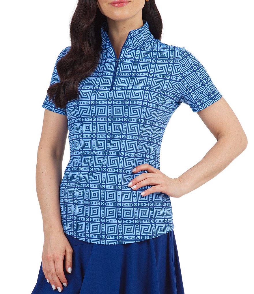 IBKUL Pricilla Print Short Sleeve Antimicrobial Mock Neck