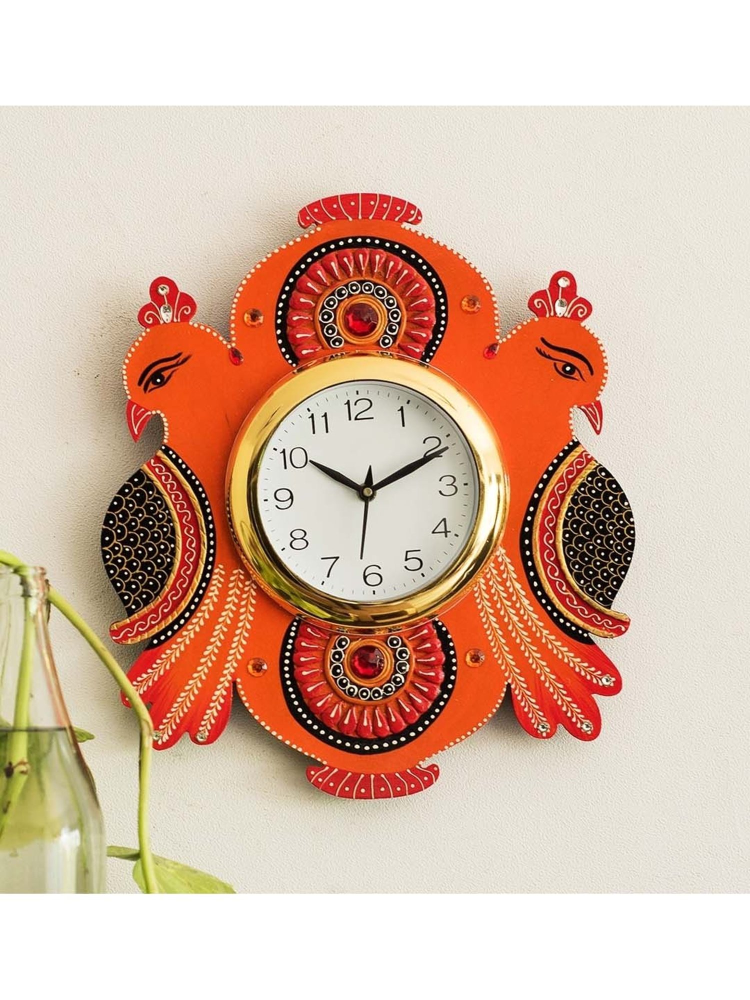 eCraftIndia Handcrafted Papier-Mache 2 Peacocks Decorative Wall Clock