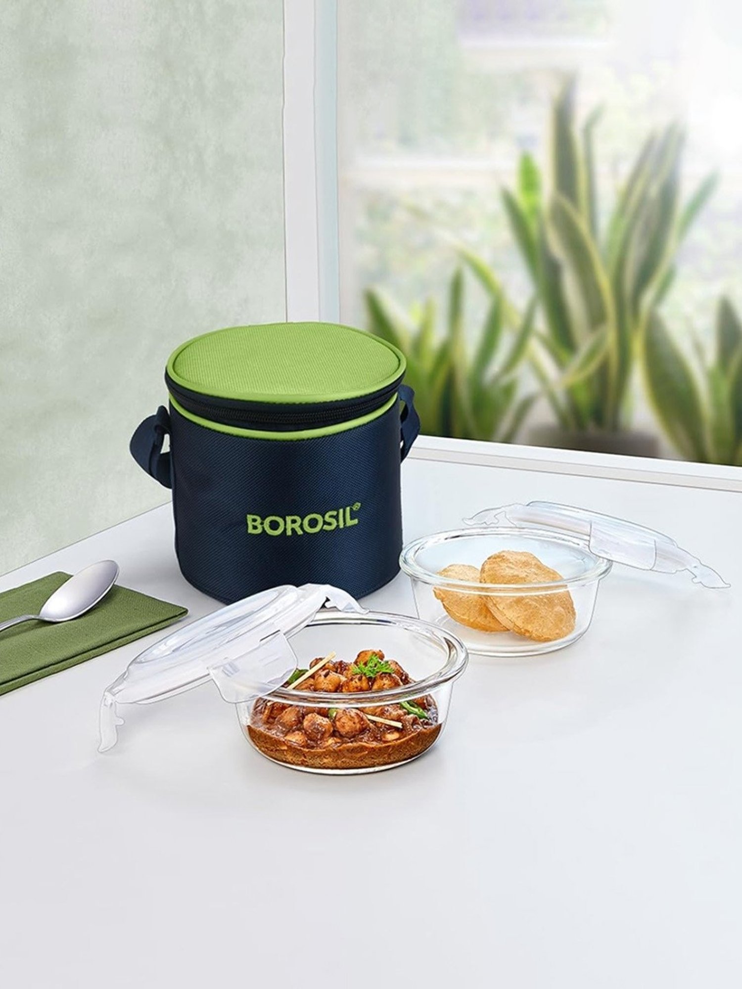 Borosil Alfa Glass Lunch Box Set of 2 (Green, 400 ml)