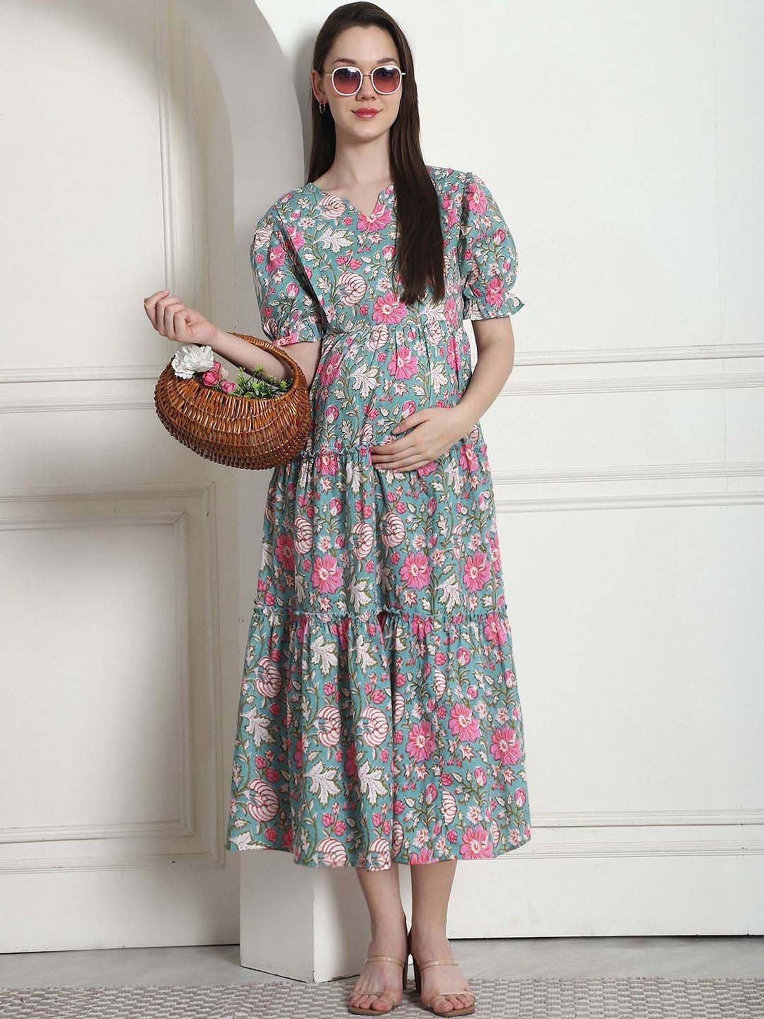 Secret Wish Green Cotton Floral Straight Dress