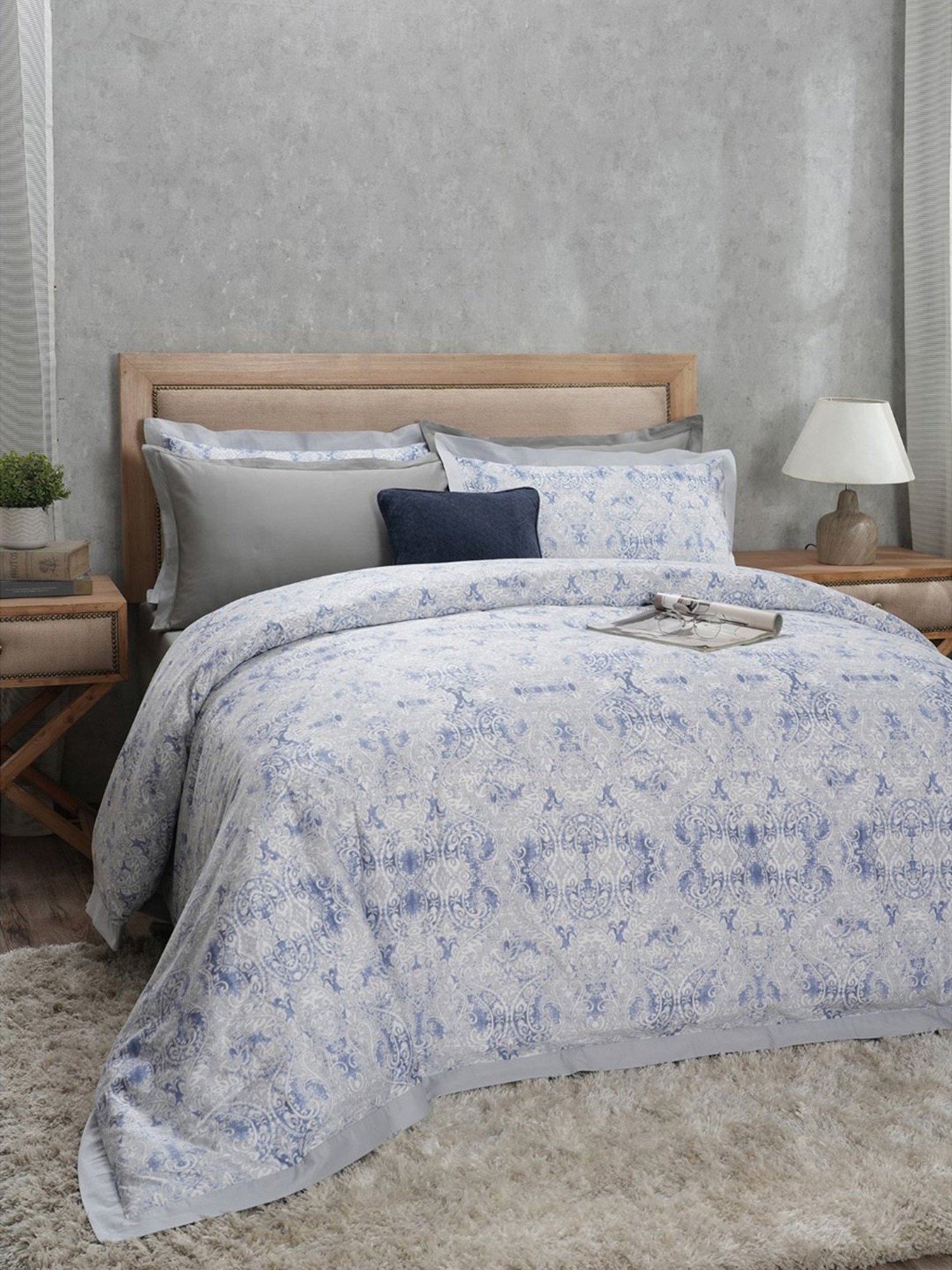 Maspar Vintage PRetro Baroque Printed Blue 400 TC Cotton King Duvet Cover With 2 Pillow Case