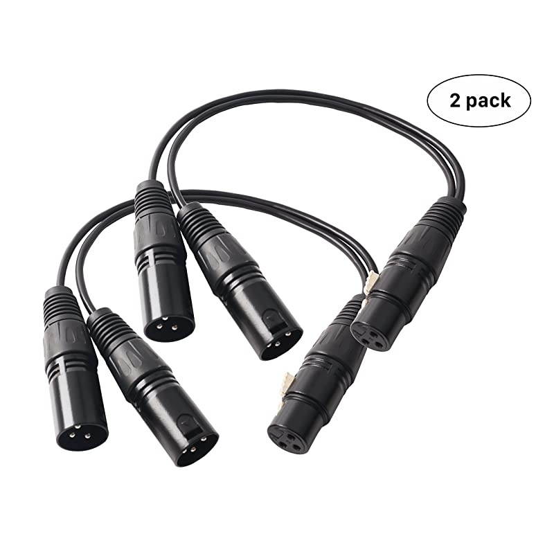 XLR Splitter Female to 2 Male Cable, XLR Female to Dual XLR Male Balanced Patch Y Cable, 3 PIN XLR Jack to 2 XLR Plugs Adaptor Cord - 1 Feet 2 Pack