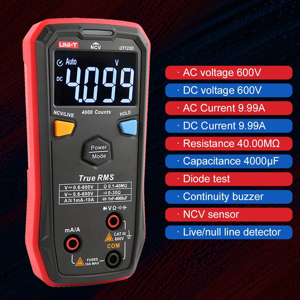 UNI-T Palm-sized Digital Multimeter AC/DC True-RMS Multimeter 4mF(4000uF) Large Capacitance Meter Auto-ranging Multi Tester with Resistance Capacitance Diode Continuity NCV Live Wire Tests
