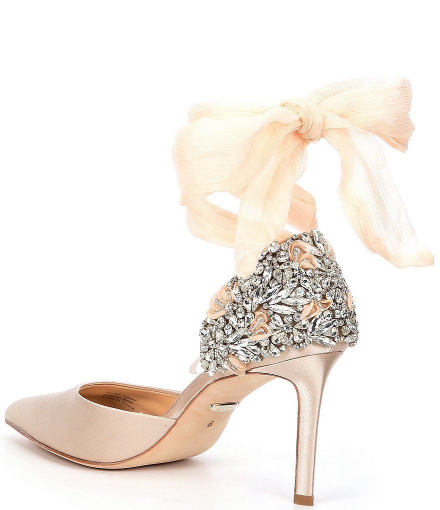 Badgley Mischka Bohemia Satin Crystal Ornament Detail Ankle Wrap Pumps