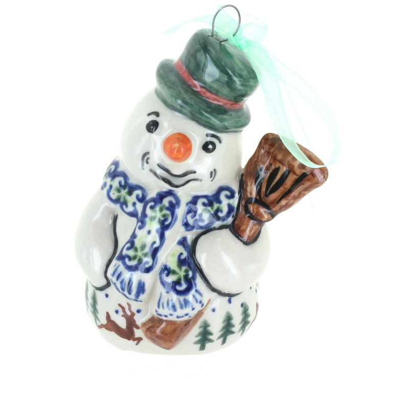 Blue Rose Polish Pottery Reindeer Delight Snowman Ornament