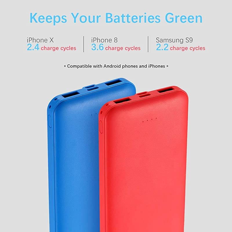 2-Pack  10000mAh Dual USB Portable Charger, Fast Charging Power Bank with USB C Input, Backup Charger for iPhone X, Galaxy S9, Pixel 3 and etc (Red & Blue) &hellip;