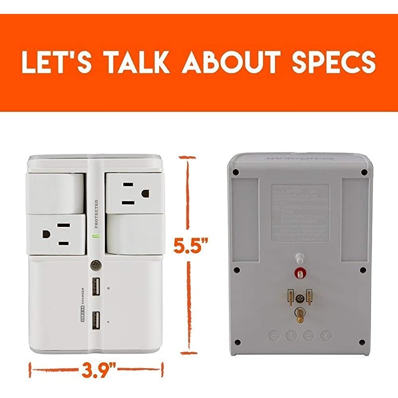On-Wall Surge Protector with 4 Pivoting AC Outlets & 2 USB Ports &ndash; Packs 1080 Joules of Surge Protection & Installs On Existing Outlets to Protect Your Gear & Increase Outlet Capacity