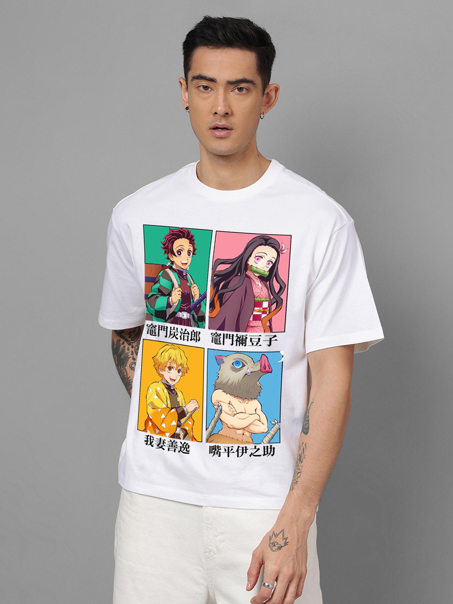 Free Authority White Loose Fit Demon Slayer Printed Crew T-Shirt