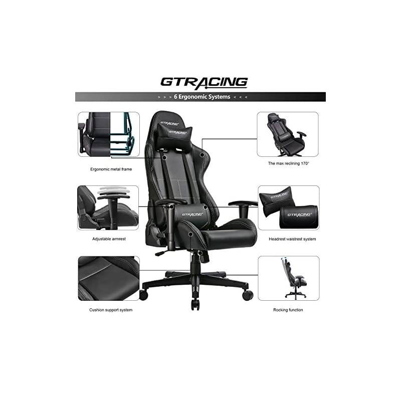 Gaming Chair Ergonomic Racing Desk Chair PU Leather High-Back Adjustable Professional E-Sports Chair with Headrest and Lumbar Pillows GTBee Series (Black)