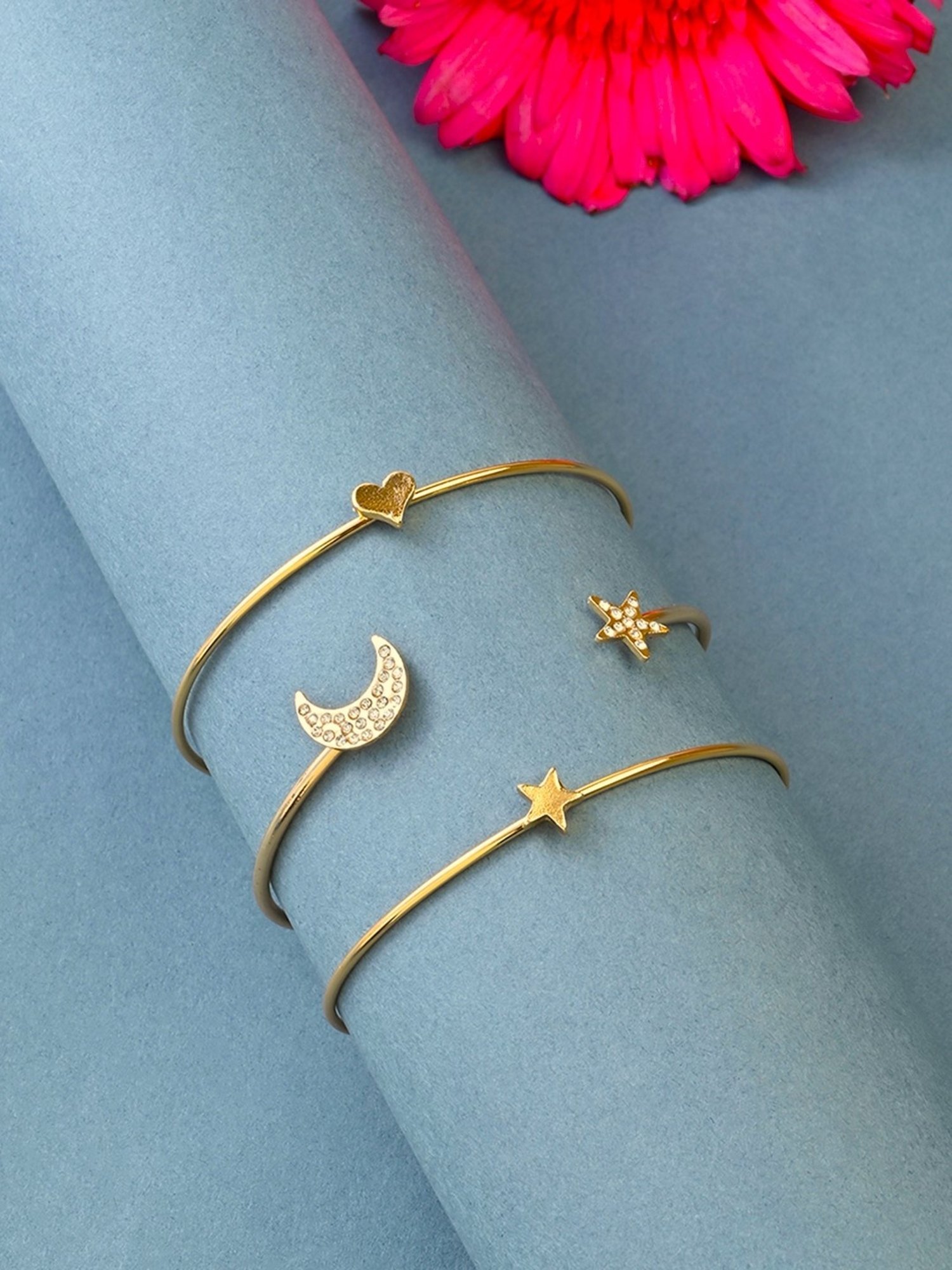 Toniq Gold-Plated Star and Moon Shape Bracelet Kada - Set of 3