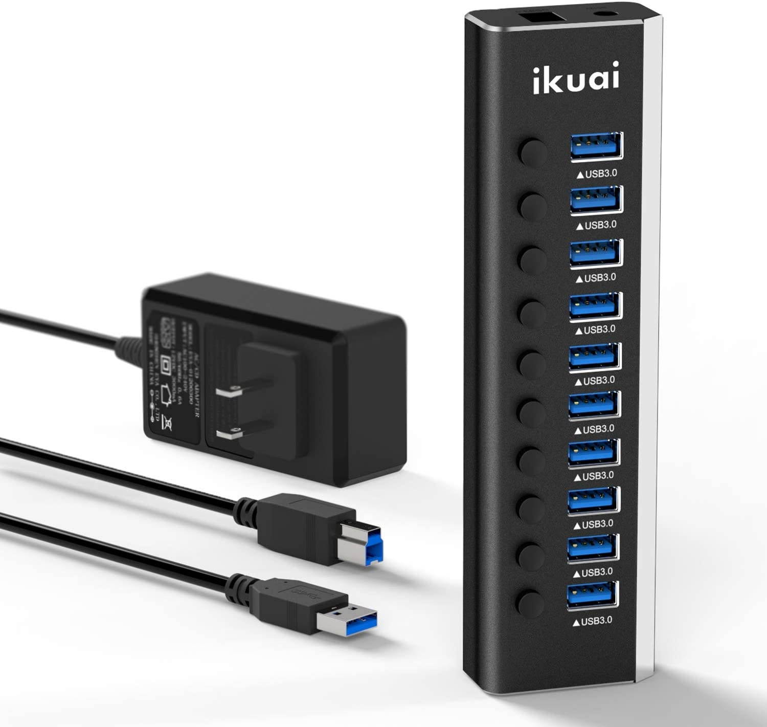 ikuai Powered USB Hub 3.0 10 Port USB 3.0 Data Hub Aluminum USB Splitter with 36W(12V/3A) Power Adapter and Individual On/Off Switches (Black)