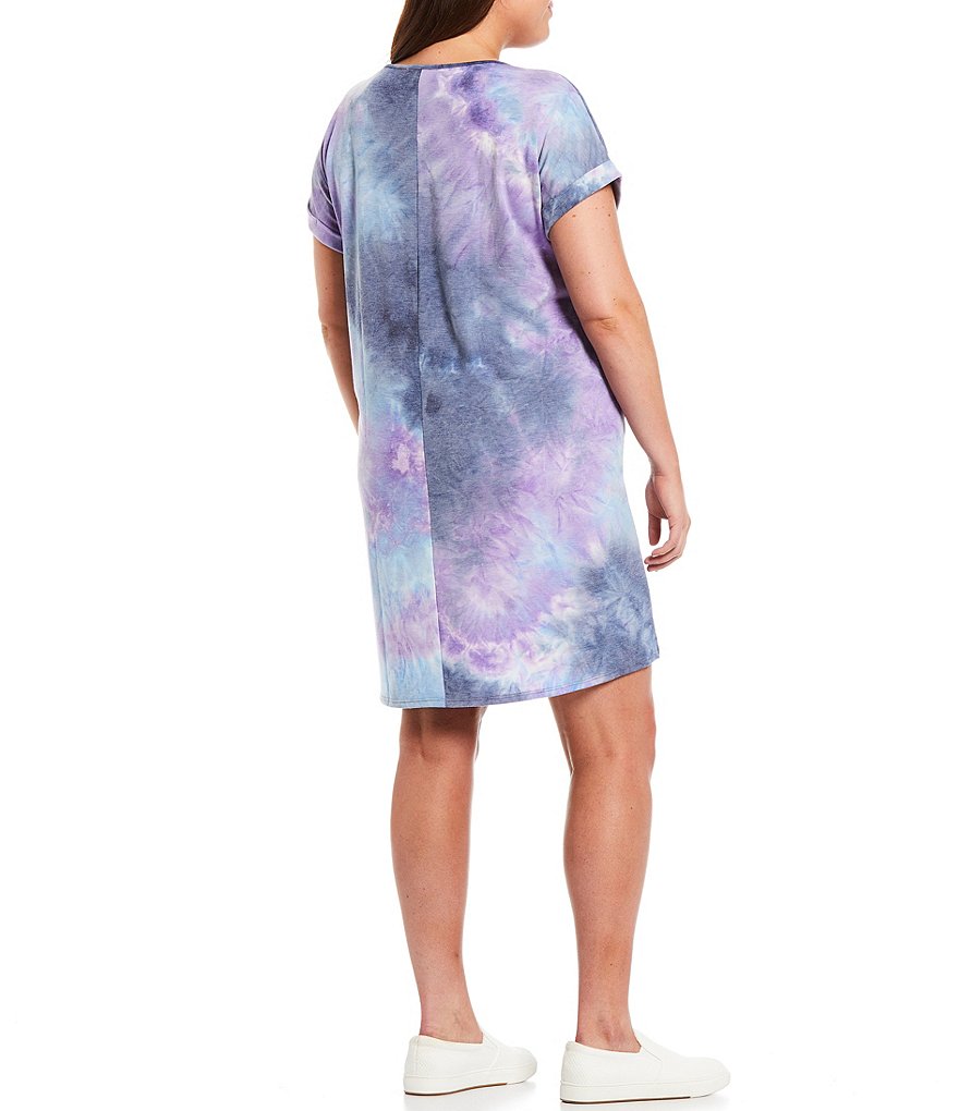 Moa Moa Plus Size Tie Dye Knit V-Neck Short Cuffed Sleeve Dress