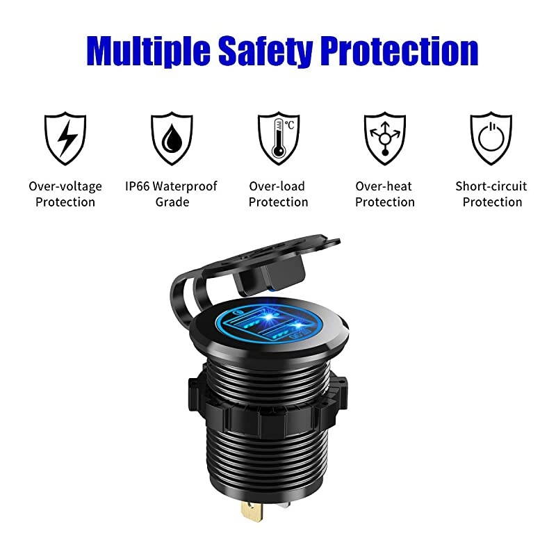 36W Quick Charge 3.0 Dual USB Car Charger Socket, Metal Waterproof 12V USB Outlet with Blue LED & 10A Fuse for 12V/24V Marine Boat Golf Cart Truck Motorcycle and More