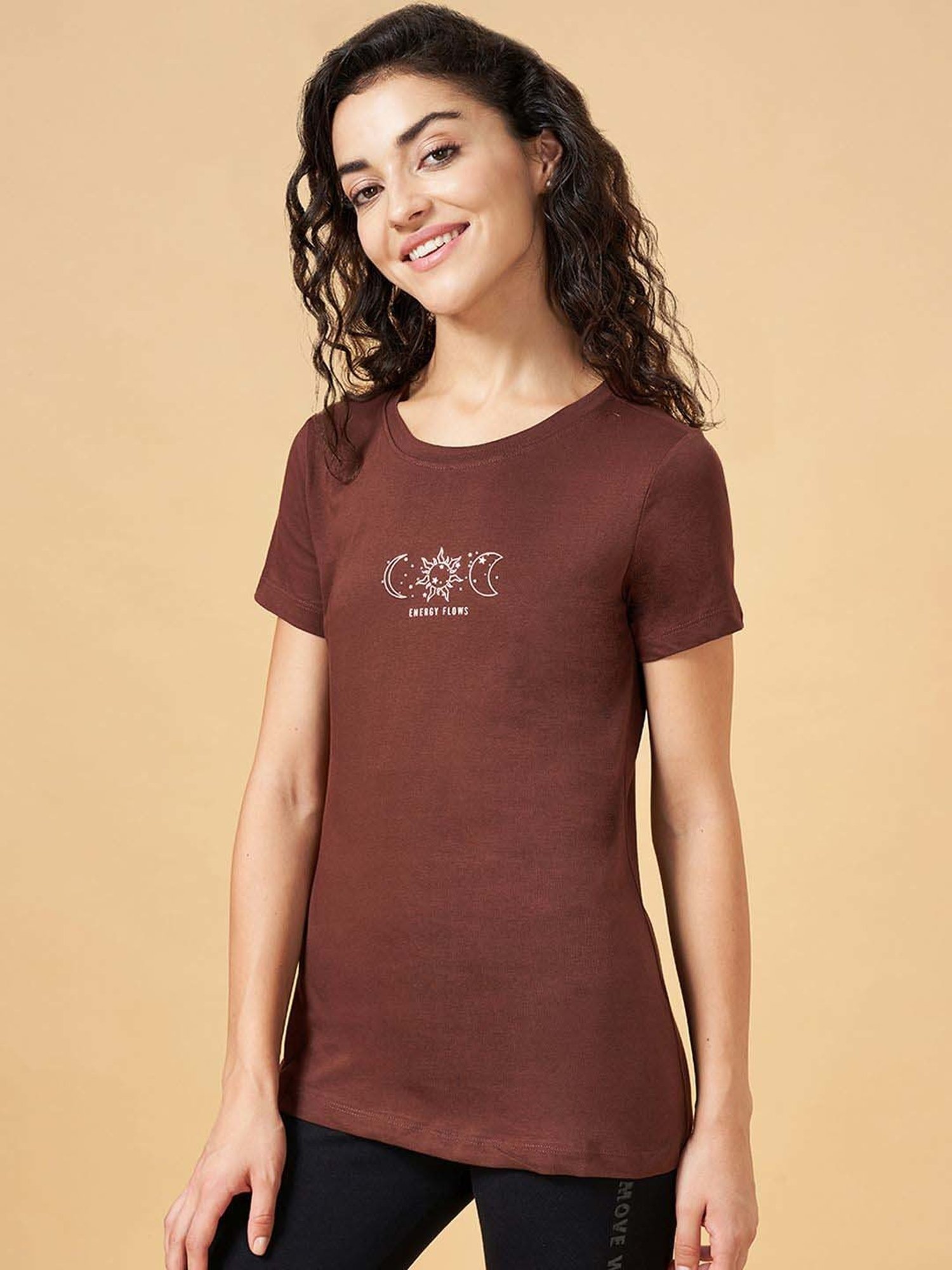 Ajile by Pantaloons Brown Cotton Graphic Print Sports T-Shirt