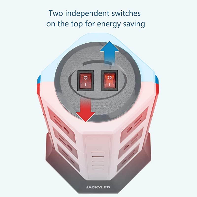 Surge Protector Power Strip Tower  12 AC Outlets 3000W 15A and 5 USB Slots 8A Desktop Smart Charging Station Multiple Protection Heavy Duty 65ft 14 AWG Cord White and Gray