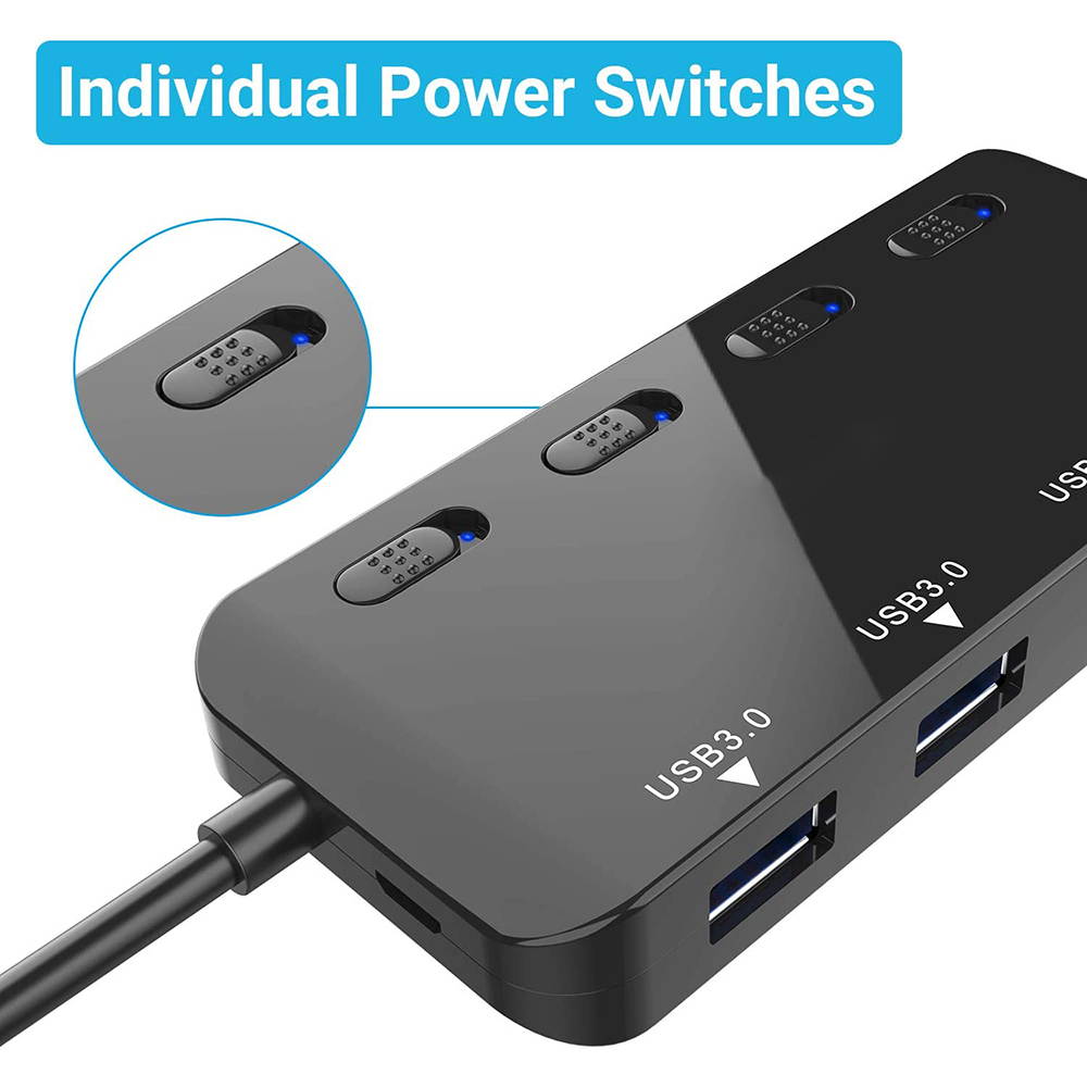 Powered USB Hub Splitter 3.0-4 Port Black Non Slip USB Data Hub with One Smart Charging Port,Individual On/Off Blue LED Indicator Power Switches Compatible for Mouse/Keyboard/PC/USB Flash/Mobile HDD