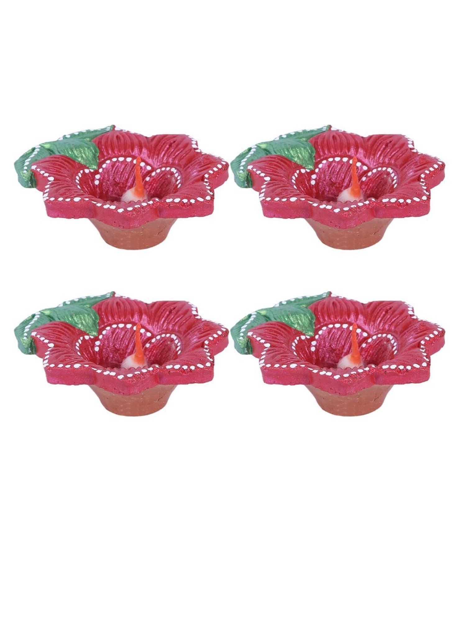 Aapno Rajasthan Red & Green Teracotta Floral Design Diyas for Diwali - Set of 4