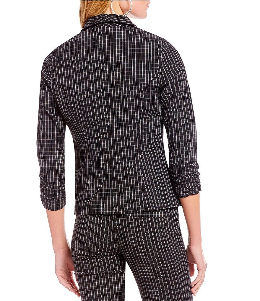 Takara Ruched-Sleeve Coordinating Menswear Plaid Blazer