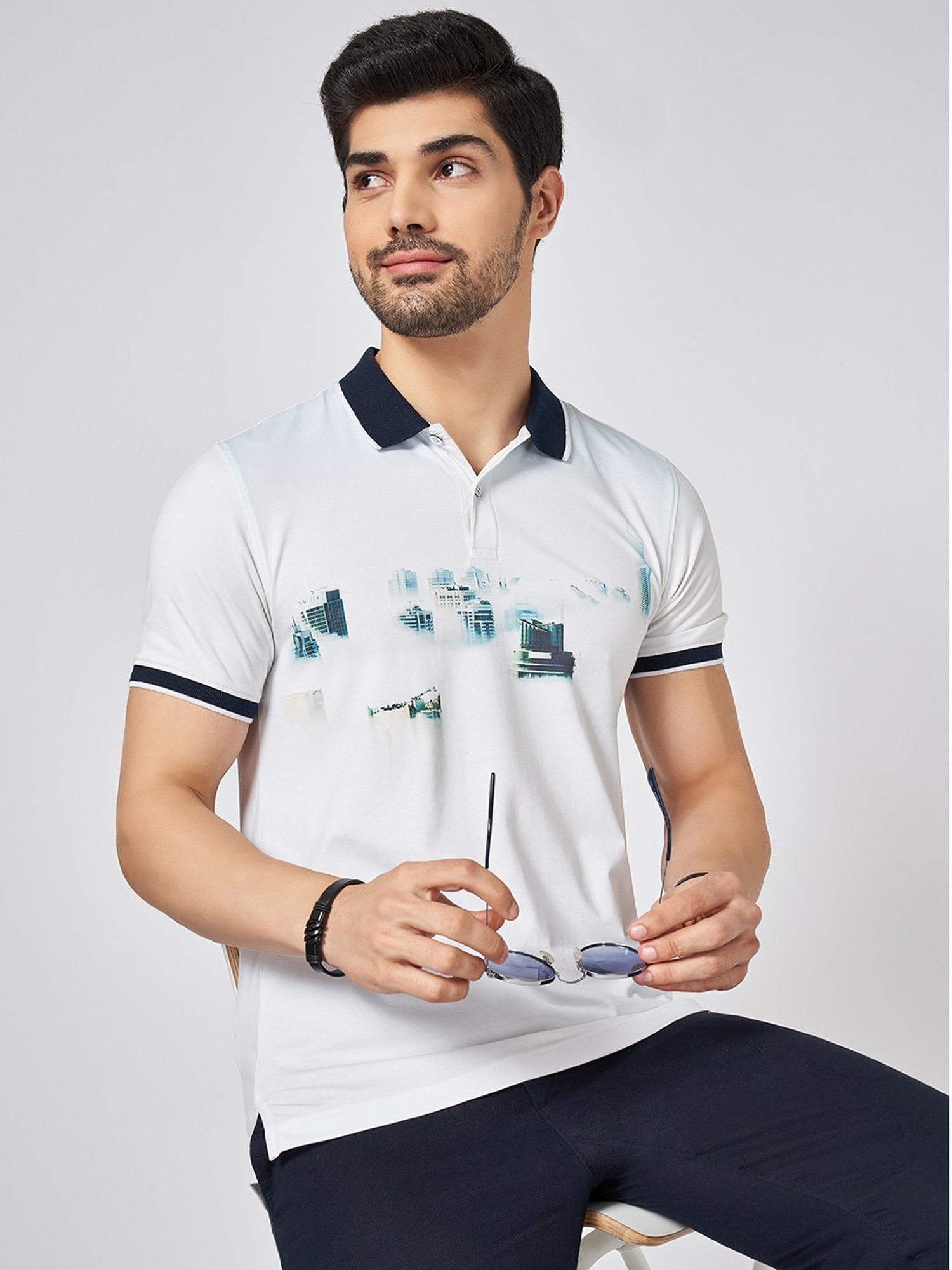 Byford By Pantaloons White Cotton Slim Fit Printed Polo T-Shirt