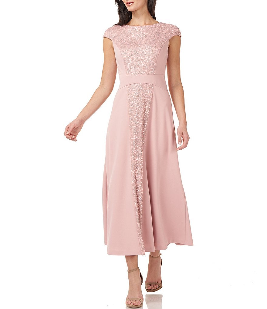 JS Collections Jewel Neck Cap Sleeve Sequined Stretch Crepe Dress
