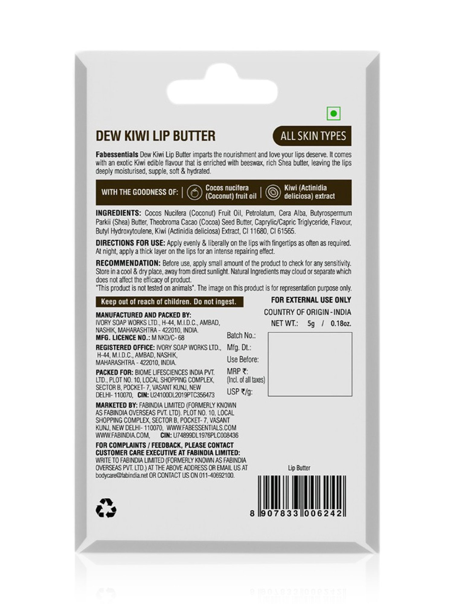 Fabessentials Dew Kiwi Lip Butter - 5 gm