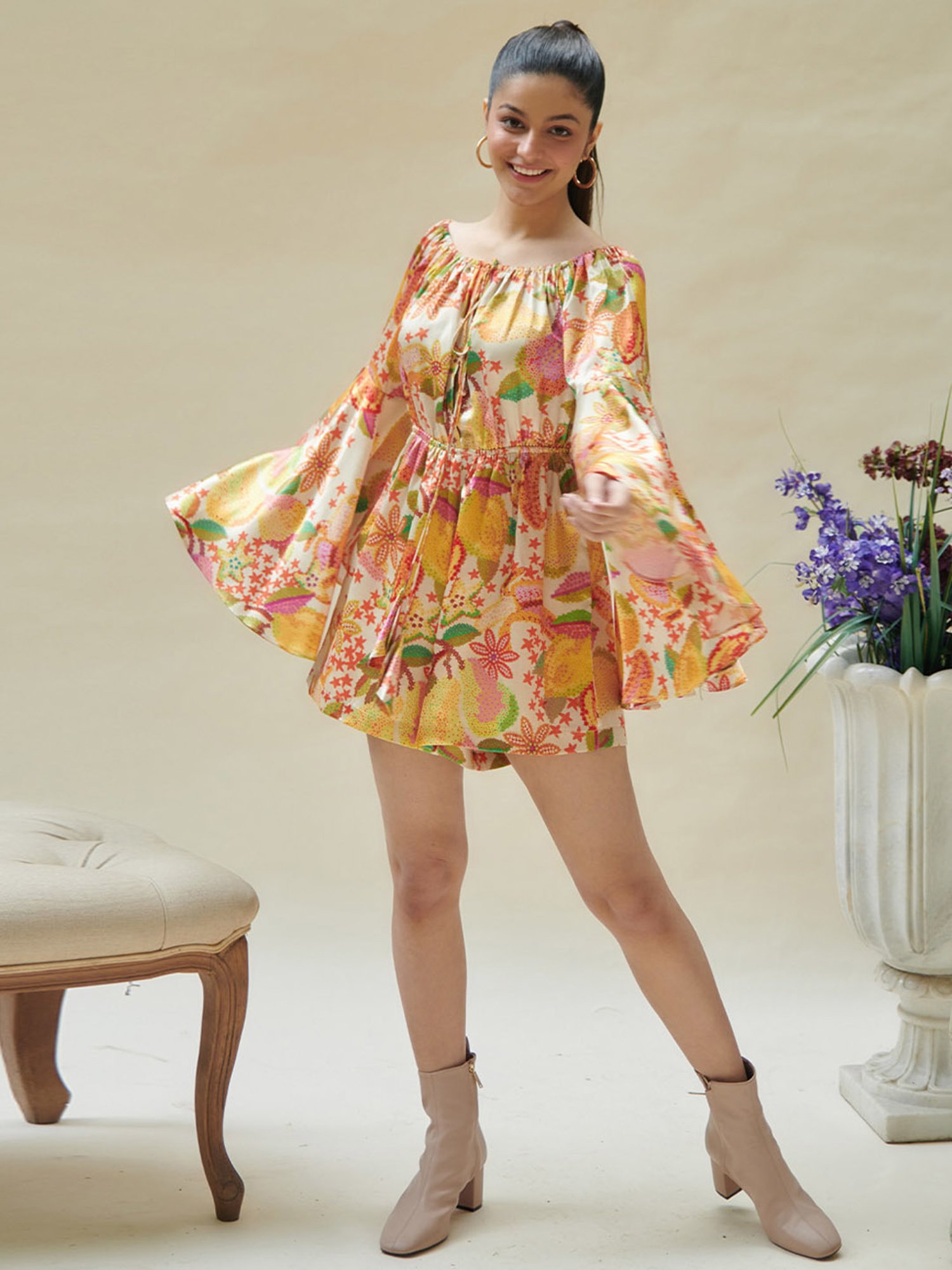 Cin Cin Yellow Pear Printed Off Shoulder Playsuit