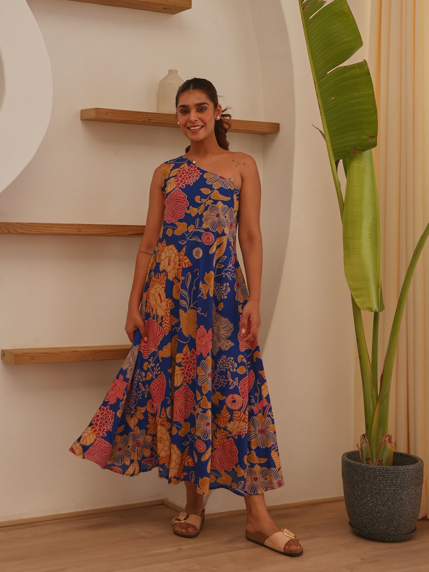 Ekohum Blue Floral Print Ethnic Dress