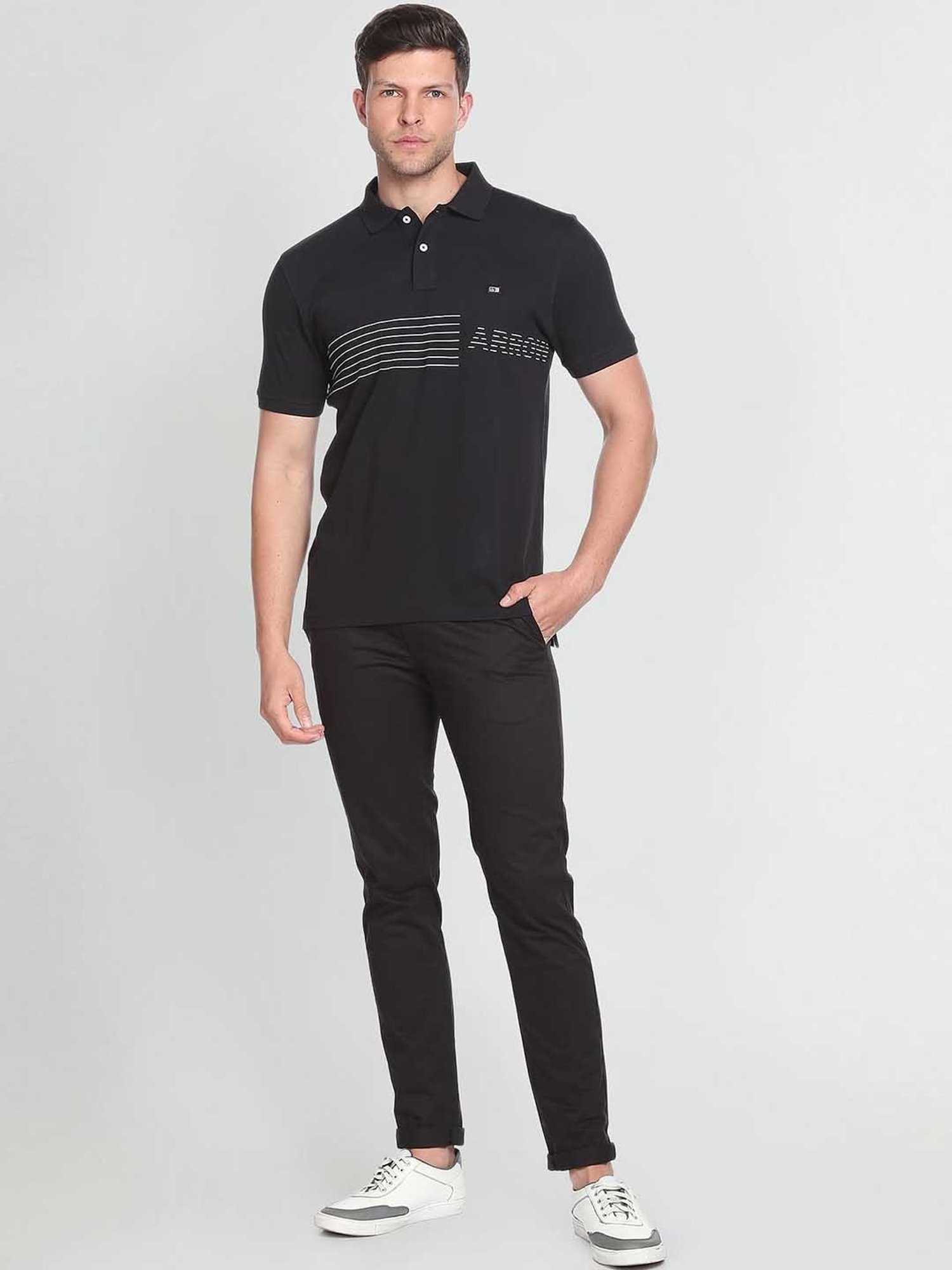 Arrow Sport Black Cotton Regular Fit Striped Polo T-Shirt