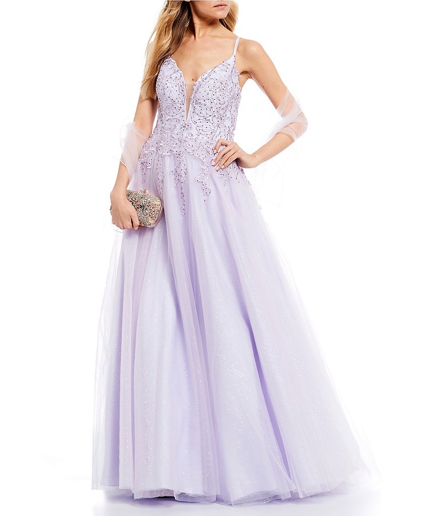 Coya Collection Spaghetti Strap Plunged V-Neck Embroidered Mesh Ball Gown