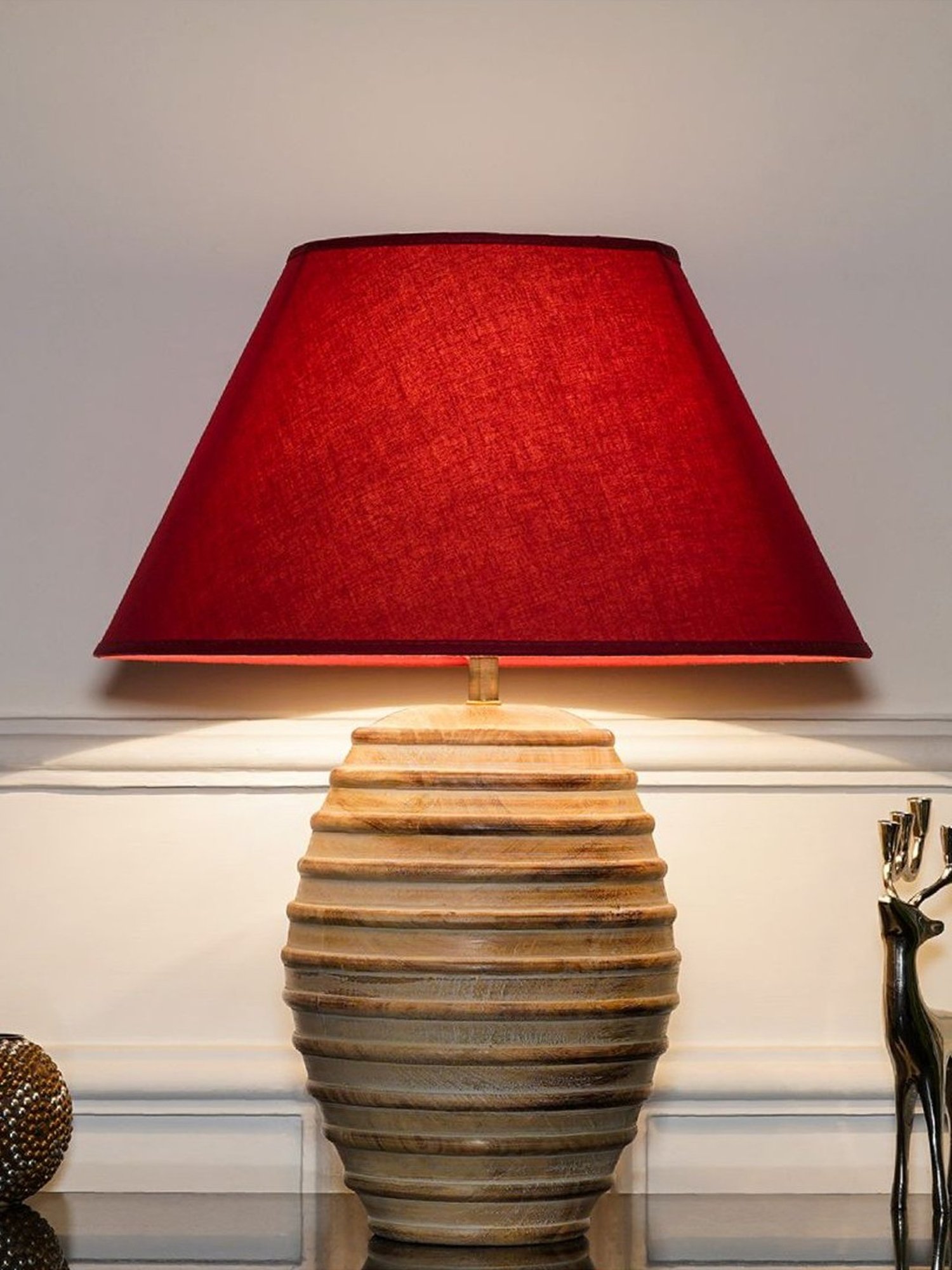 Kapoor Lamp Shades Natural White & Red Wood Paola Carved Cotton Shade Table Lamp