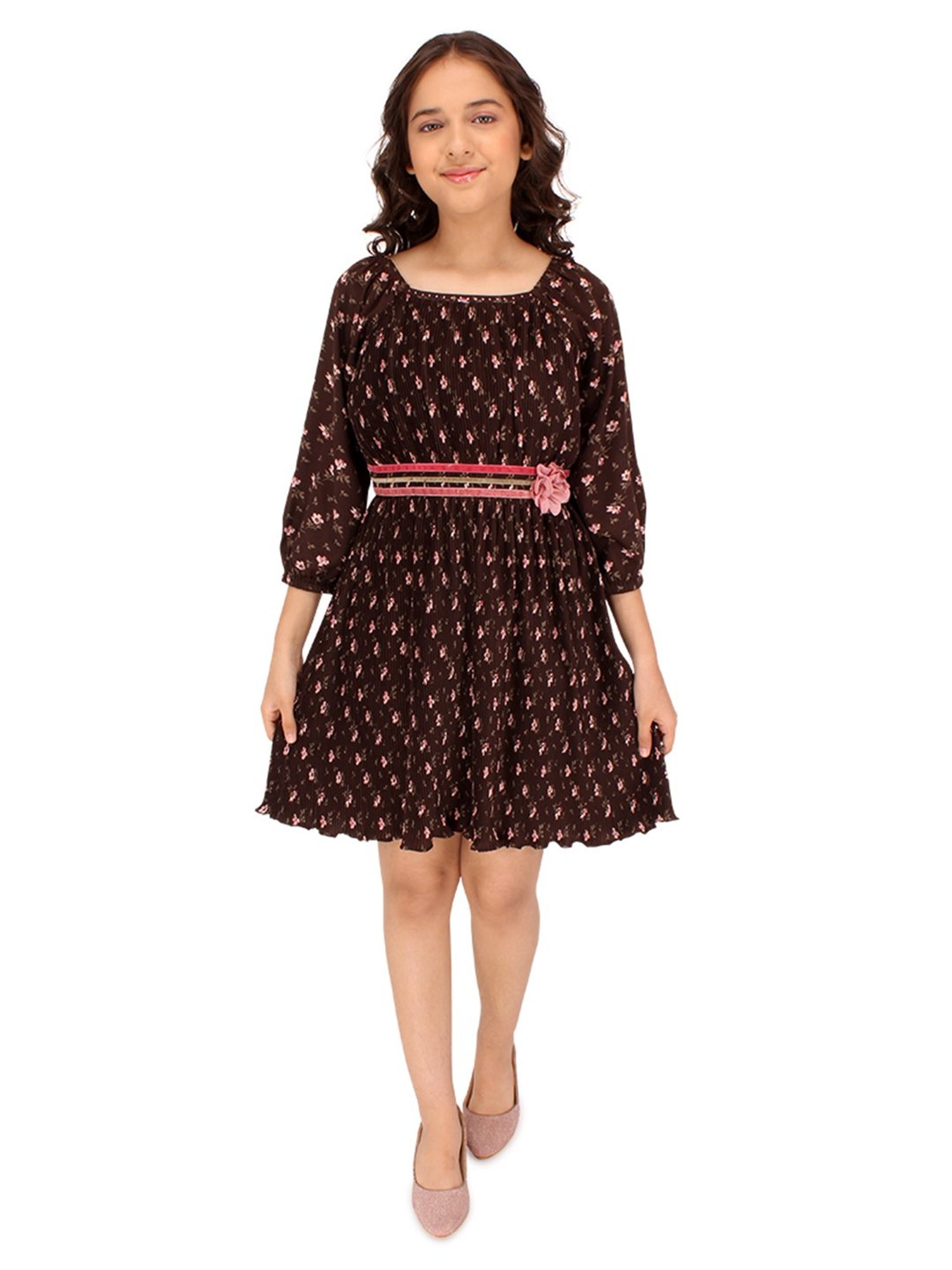 Cutecumber Kids Dark Brown Floral Print Pleated Dress