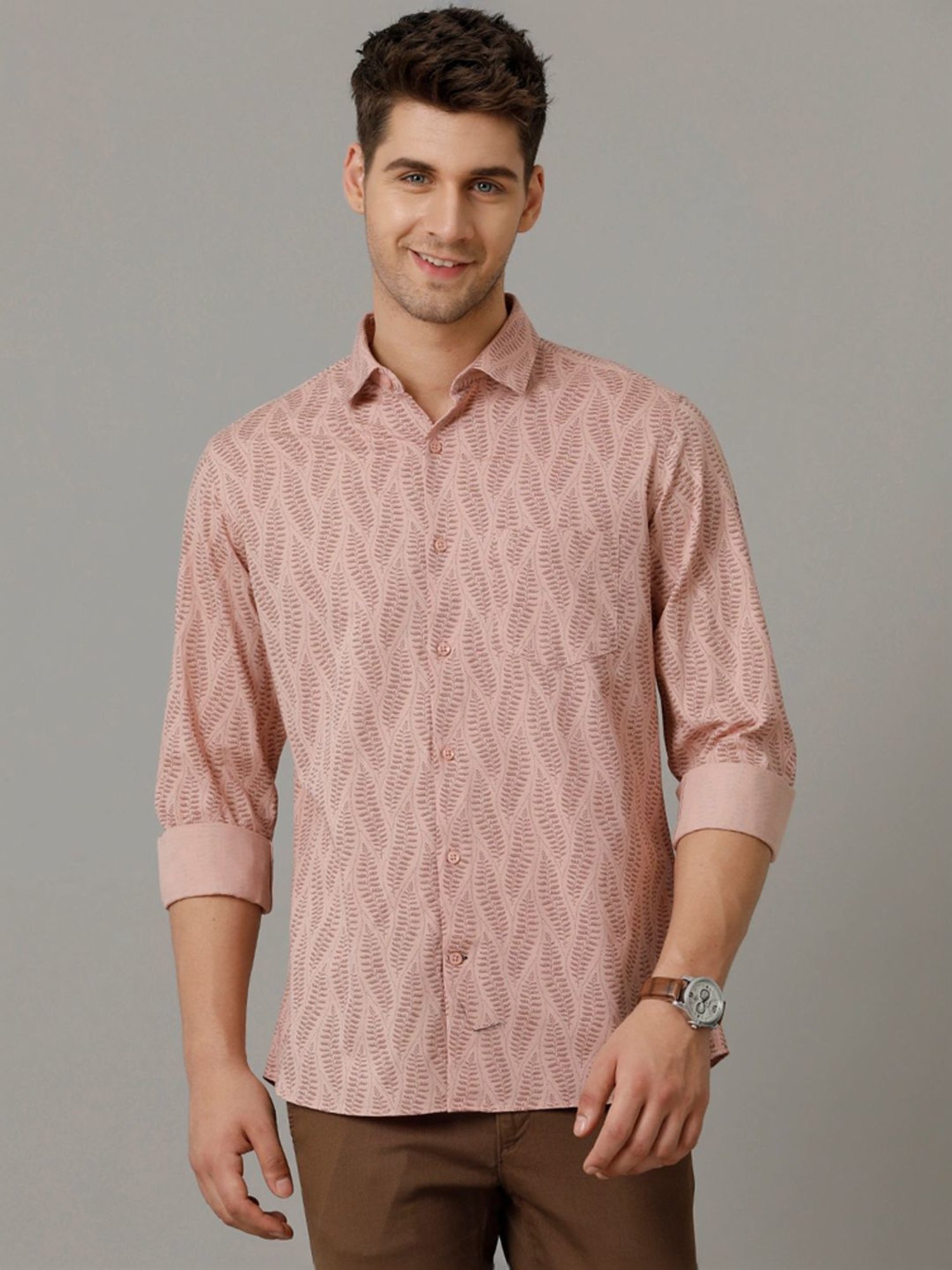 Cavallo By Linen Club Peach Linen Contemporary Fit Printed Shirt