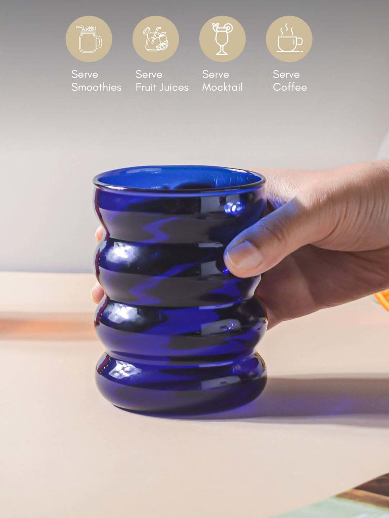 Nestasia premium quality blue borosilicate rippled puffy glass for serving drinks to guest(250 ml)