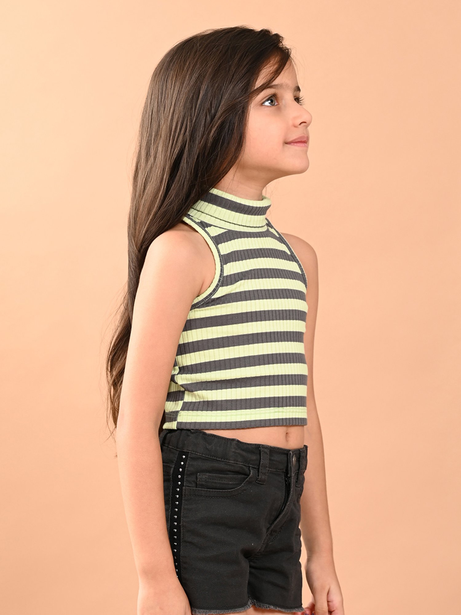 LilPicks Kids Light Green & Grey Striped Crop Top
