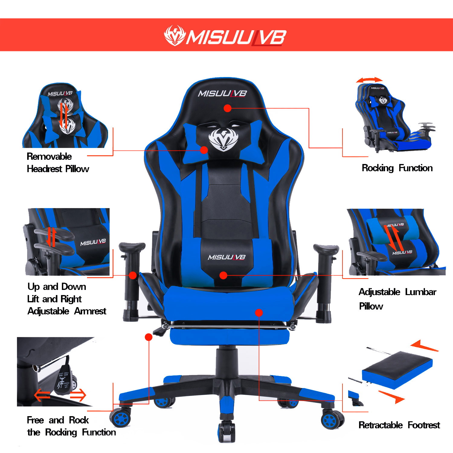 Gaming Chair, Racing Style Computer Desk Chair Padded Armrests Ergonomic Lumbar Support Adjustable Height
