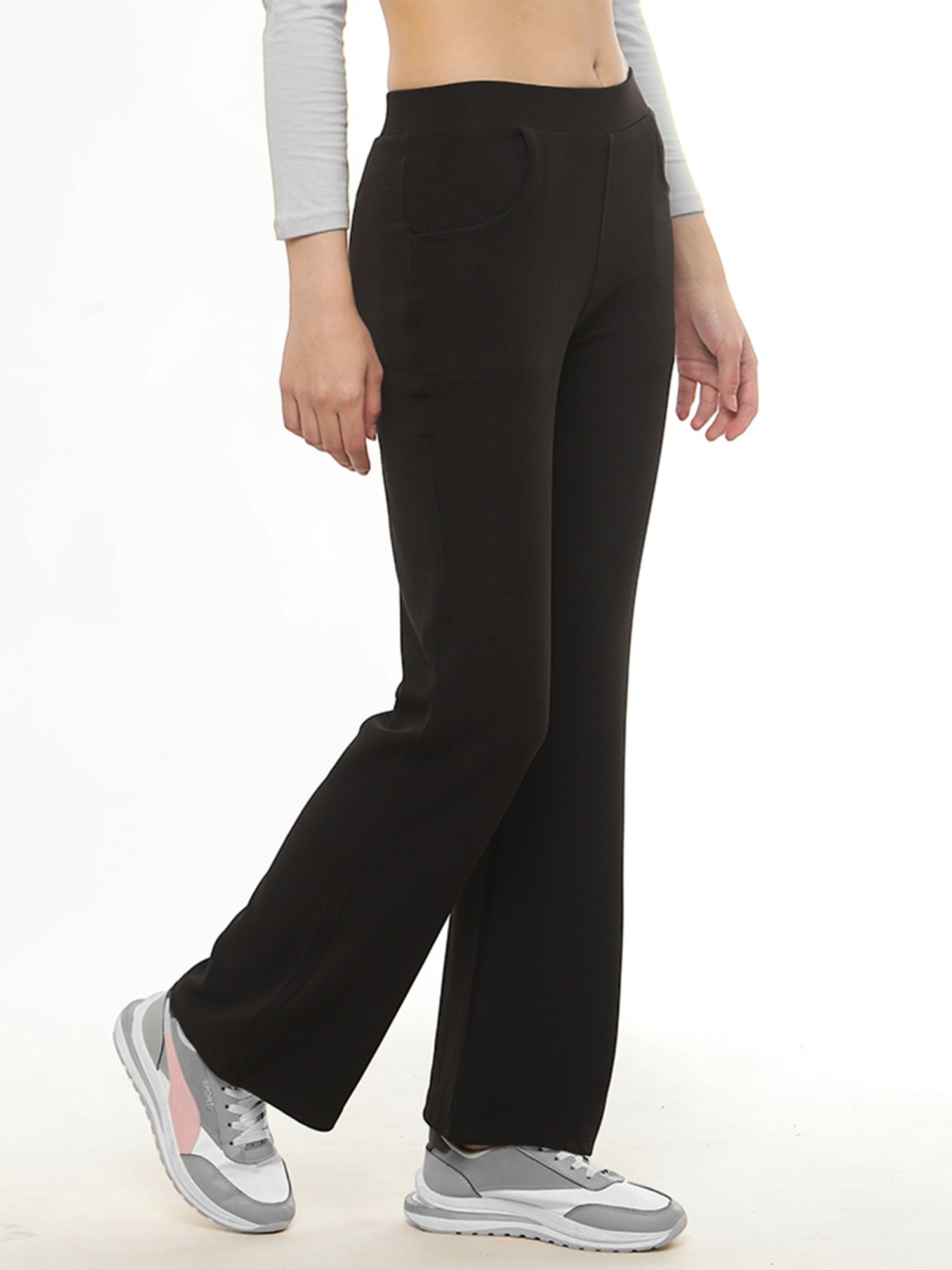 FITHUB Black Regular Fit High Rise Bootcut Trousers